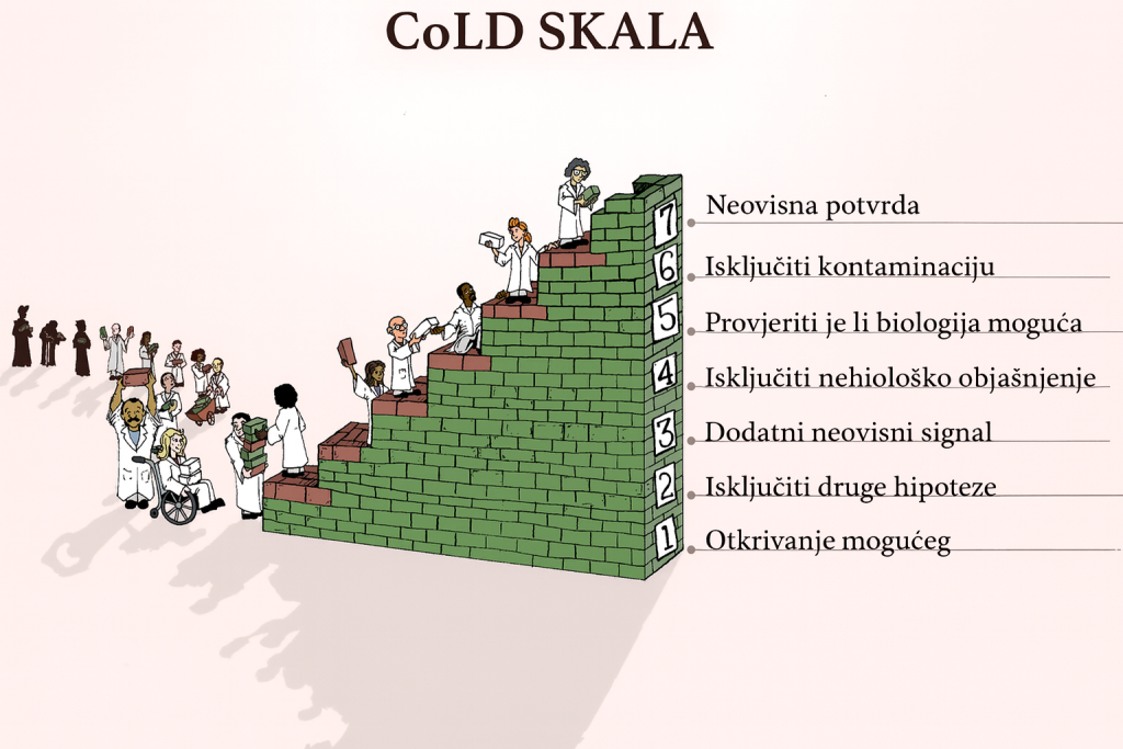 Kao što je prikazano na ovoj slici, astrobiolozi katalogiziraju skalu od sedam stupnjeva, nazvanu CoLD (Confidence of Life Detection - skala pouzdanosti otkrivanja života), kako bi istražili može li uzorak ukazivati na život. Ovaj uzorak "Cheyava Falls" primjer je Prvog koraka: "Otkrivanje mogućeg signala". Potrebno je provesti mnogo dodatnih istraživanja kako bi se saznalo više. Izvor: NASA/Aaron Gronstal