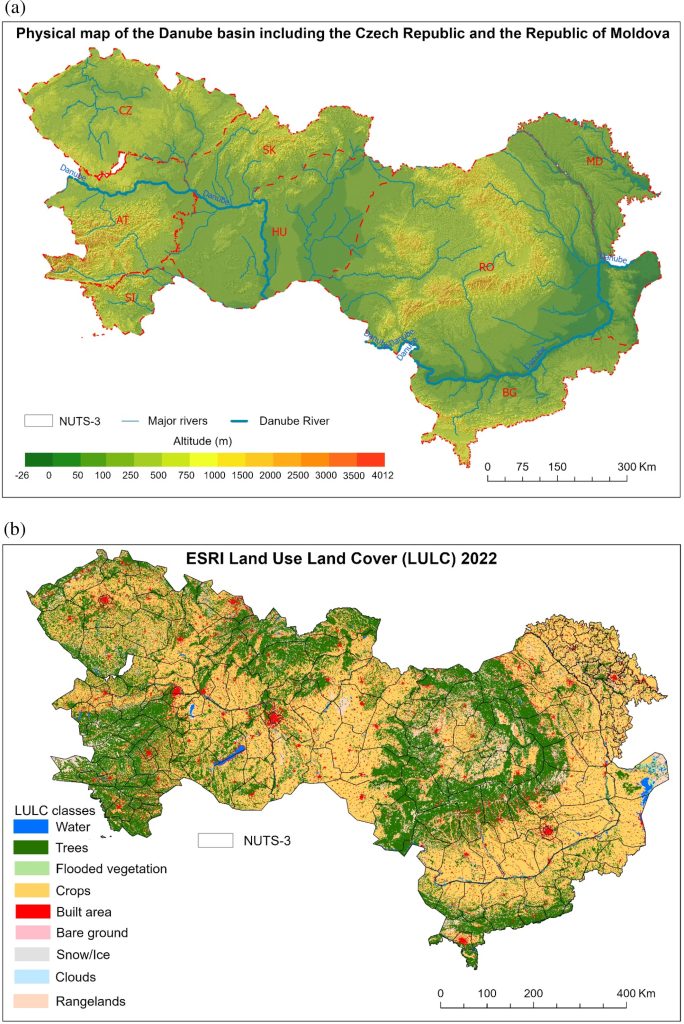 (a) Karta digitalnog modela elevacije (DEM) sliva rijeke Dunav koja uključuje Češku Republiku i Republiku Moldaviju. (b) Karta korištenja zemljišta i pokrova zemljišta (LULC) sliva rijeke Dunav koja uključuje Češku Republiku i Republiku Moldaviju.